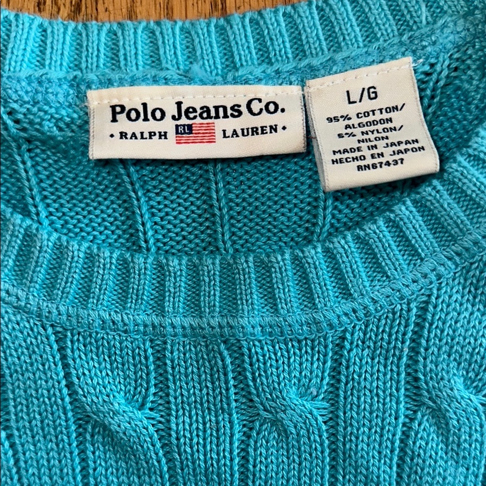 Ralph Lauren Turquoise Blue Crew Neck Cable Knit Sweater, size L - Picture 2 of 7